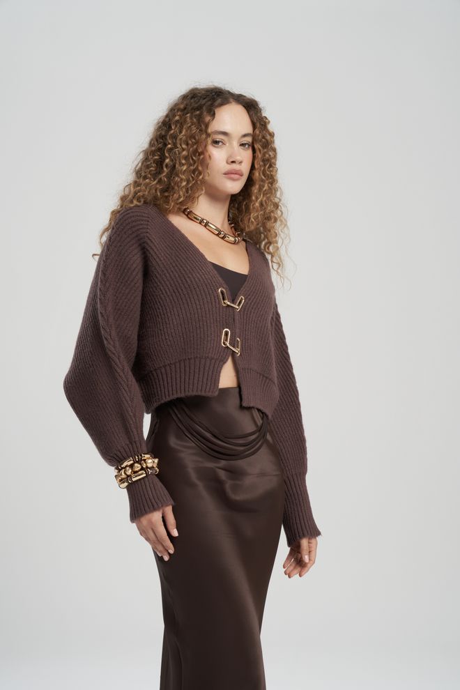 Mai Collection Brown Oversized Fit Crop Cardigan With V Neck Wholesale Clothing Work