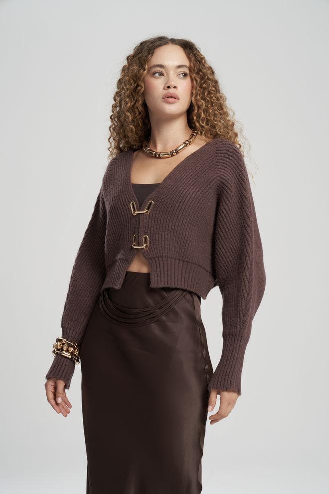 Mai Collection Brown Oversized Fit Crop Cardigan With V Neck Wholesale Clothing 1