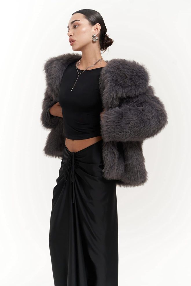 Mai Collection Gri Kürk Kaban Çentikli Yakalı Toptan Giyim Resmi