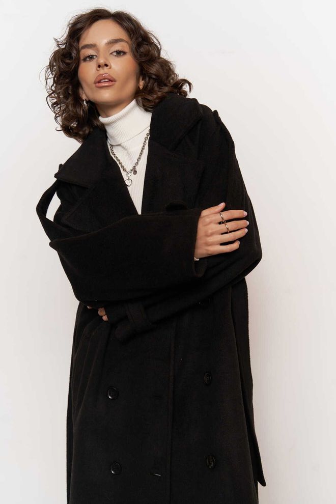 Mai Collection Siyah Zarif Çift Düğmeli Anvelop Kaban Toptan Giyim Gündelik