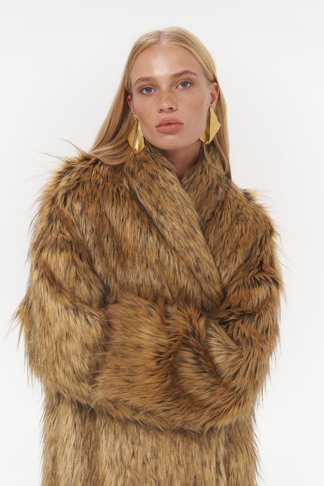 Mai Collection Kahverengi Büyük Beden Kürk Kaban Hayvan Baskılı Toptan Giyim Nostaljik