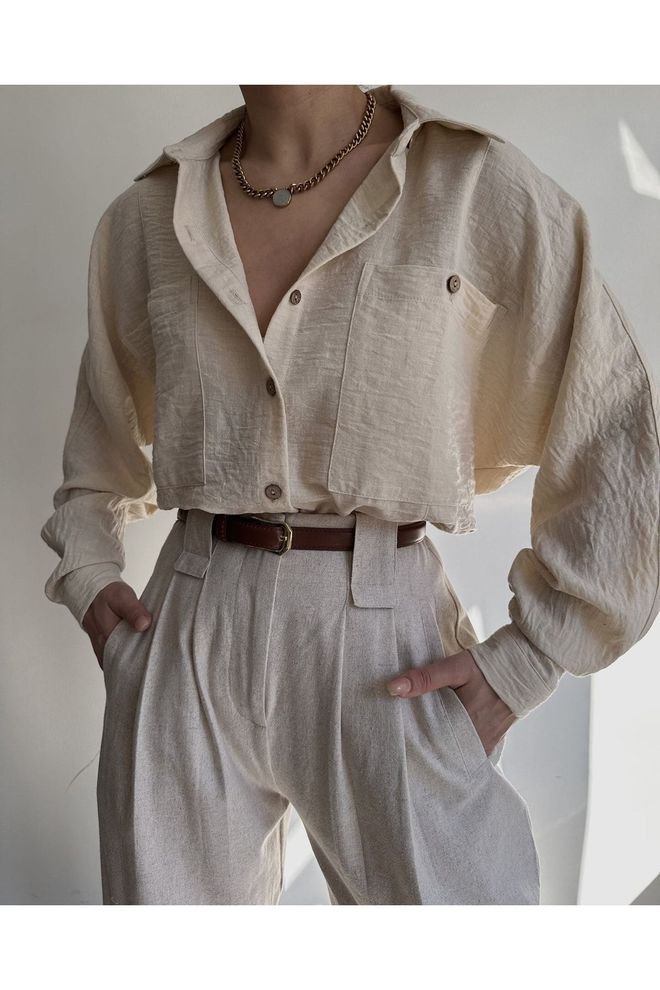 Mai Collection Bej Gündelik Düğmeli Crop Gömlek Toptan Giyim Gündelik