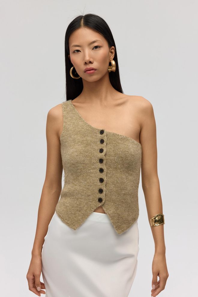 Mai Collection Χακί Κομψό Στενή Γραμμή Αμάνικο Crop Top Με Ενας Ωμος & Πολύ Κοντό Μανίκι Χονδρικό εμπόριο ενδυμάτων Casual