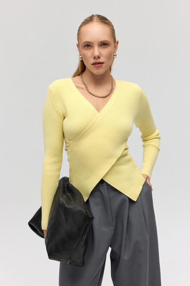 Mai Collection Yellow V Neck Fitted Sweater With Long Sleeves Wholesale Clothing Casual