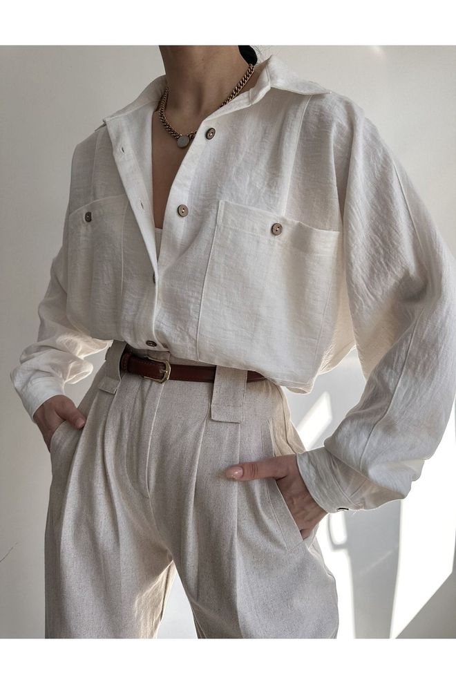 Mai Collection Beyaz Düğmeli Bol Kesim Gömlek Çentikli Yaka Toptan Giyim Gündelik