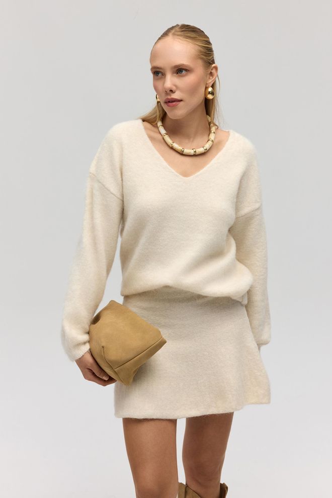 Mai Collection Бежевый Свитер С V образным Вырезом Длинные Рукава Повседневный Элегантный Оптовая продажа одежды 5