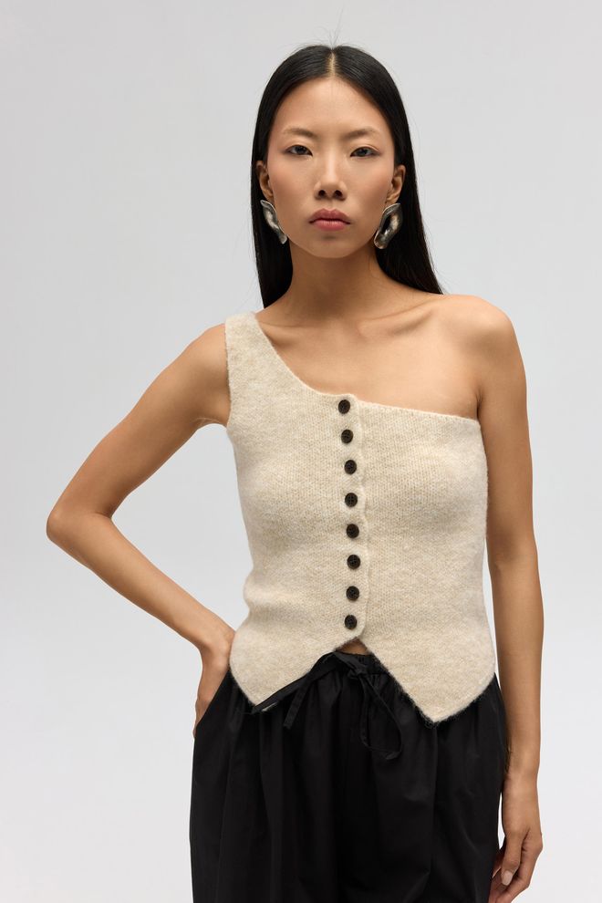 Mai Collection Μπεζ Crop Top Πολύ Κοντό Μανίκι Αμάνικο Ενας Ωμος Εφαρμοστό Χονδρικό εμπόριο ενδυμάτων Casual