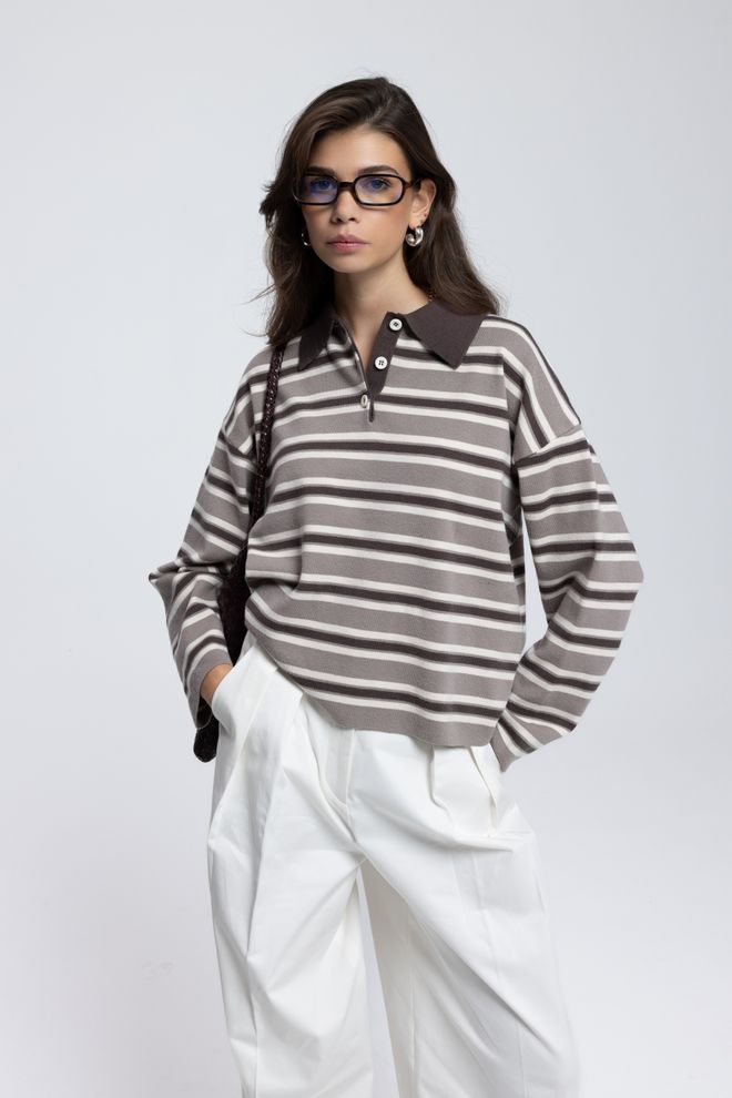 Mai Collection Kahverengi Çizgili Polo Yaka Normal Kalıp Kazak Toptan Giyim Gündelik