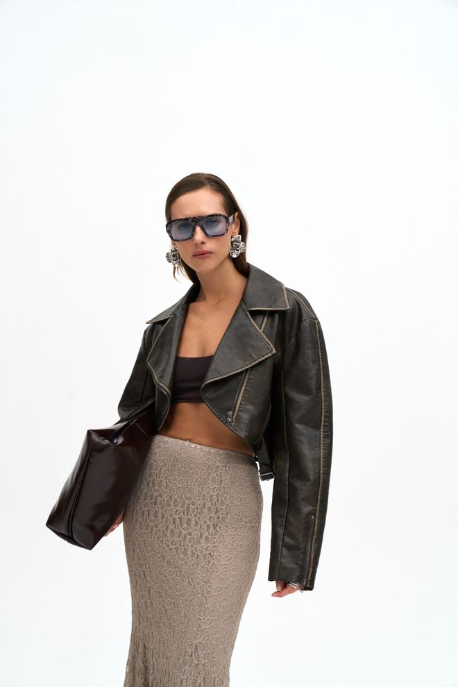 Mai Collection Negro Chaqueta Biker Con Cuello Con Muescas Ropa al por mayor 1