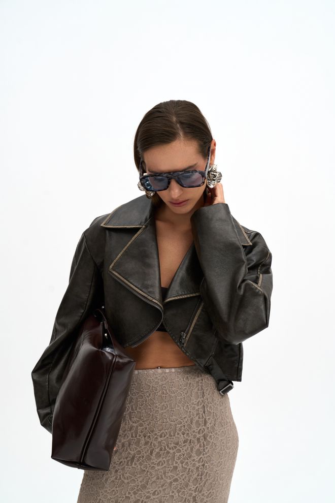 Mai Collection Negro Chaqueta Biker Con Cuello Con Muescas Ropa al por mayor 5