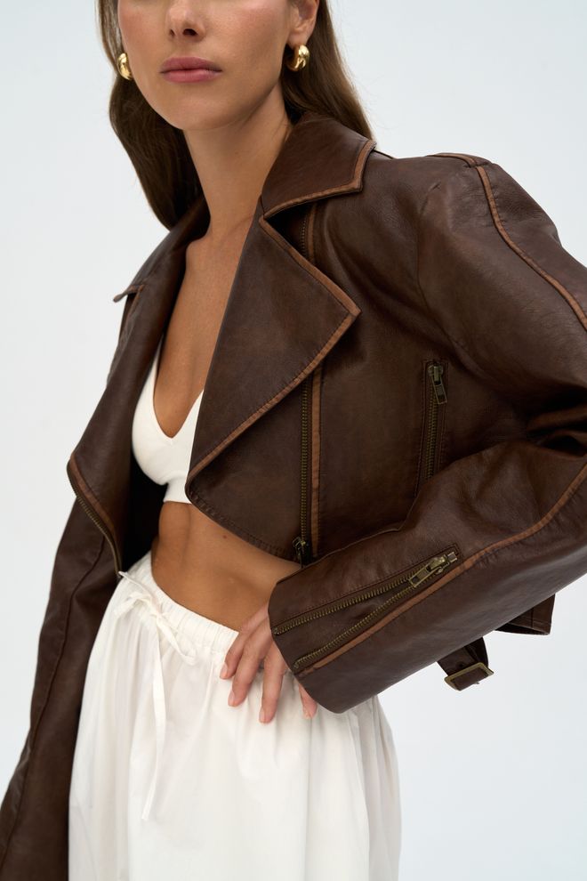 Mai Collection Geacă Maro Biker Croială Supradimensionată Cu Buzunare Cu Fermoar Îmbrăcăminte cu ridicata 5