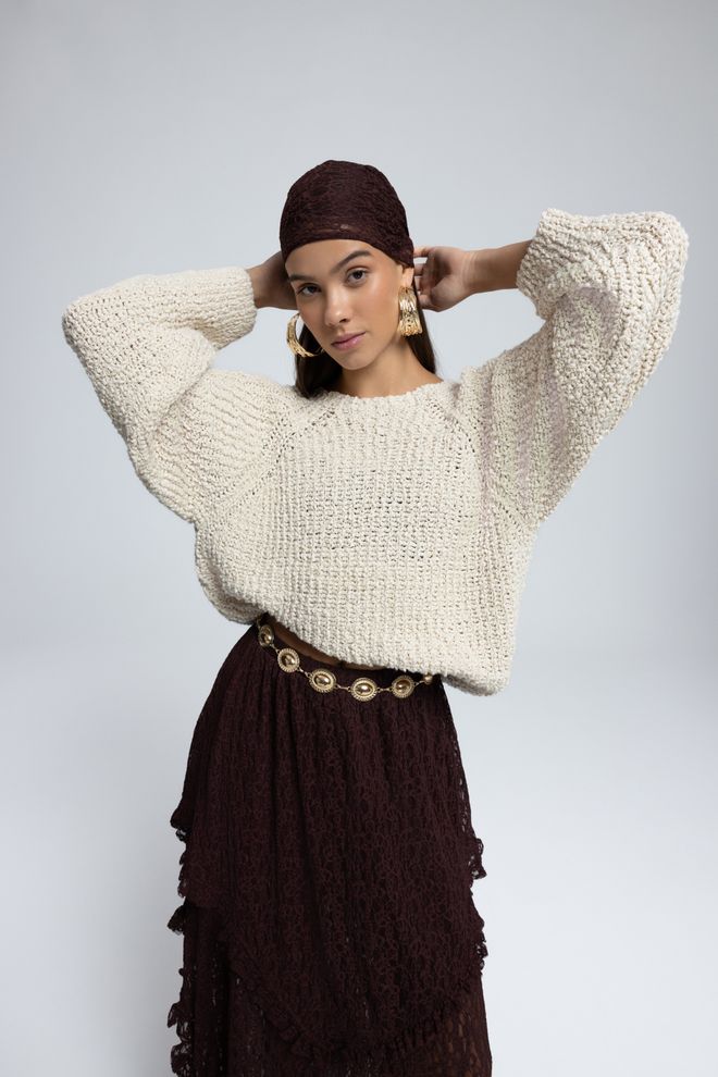 Mai Collection Бежов Пуловер С Уголемена Кройка И Кръгло Деколте Дрехи на едро Небрежен