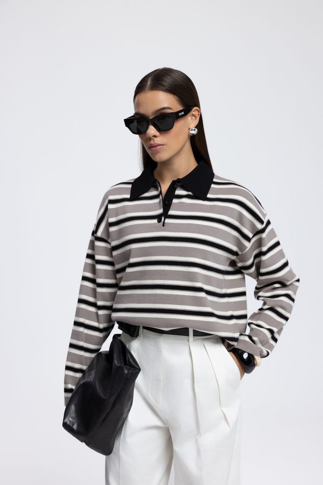 Mai Collection Siyah Çizgili Polo Yaka Normal Kalıp Kazak Toptan Giyim Gündelik