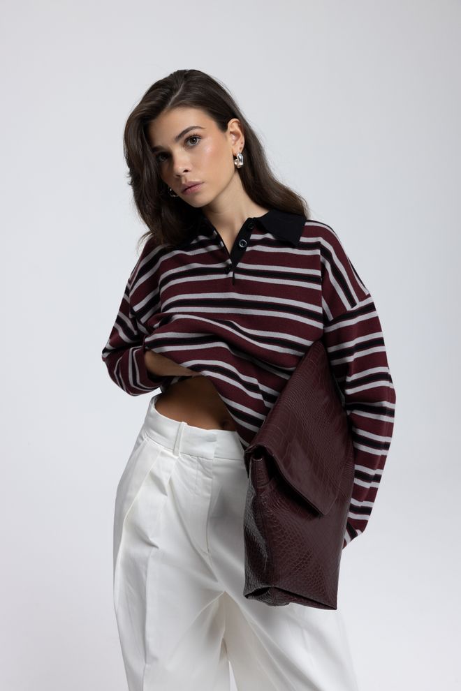 Mai Collection Bordo Çizgili Kazak Ve Polo Yaka Toptan Giyim Gündelik
