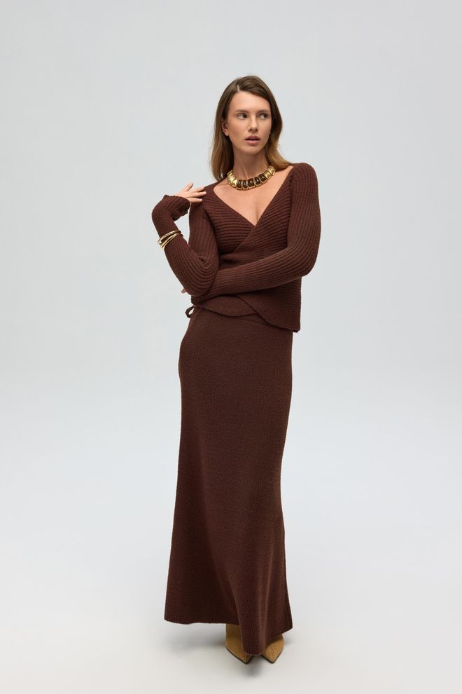 Mai Collection Коричневый Элегантный Комплект С Галстуком И Макси Юбкой бодикон Оптовая продажа одежды Скромный