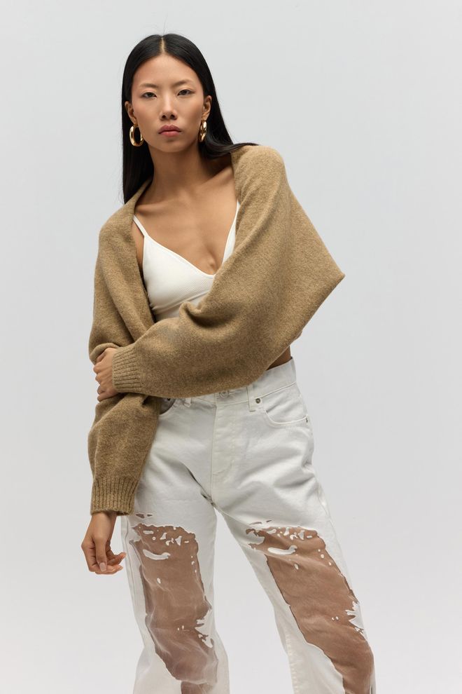 Mai Collection Brown Cardigan Oversized Fit Crop Open Front Wholesale Clothing Casual