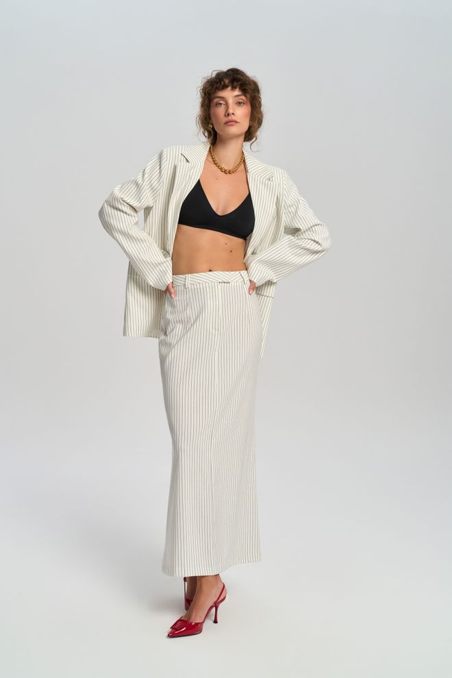 Mai Collection Beyaz Çizgili Yüksek Bel Maxi Kalem Etek Toptan Giyim Nostaljik