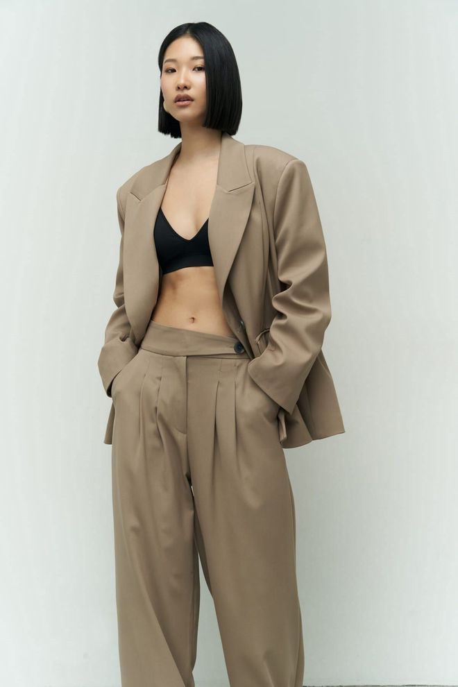 Mai Collection Pantaloni Palazzo Bej Cu Talie Înaltă Și Crac Larg Îmbrăcăminte cu ridicata Casual