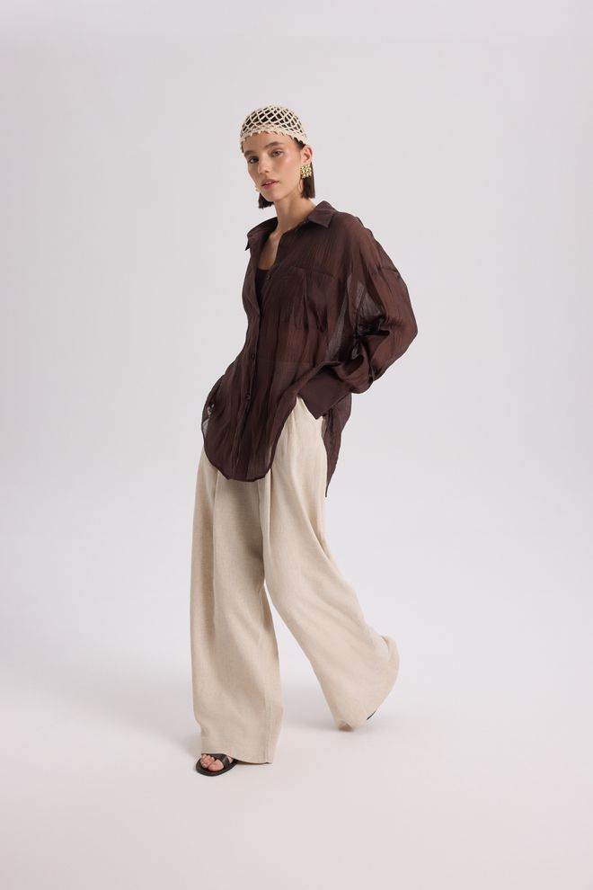 Mai Collection Brown Oversized Fit Casual Shirt With Notched Neck Wholesale Clothing Lounge