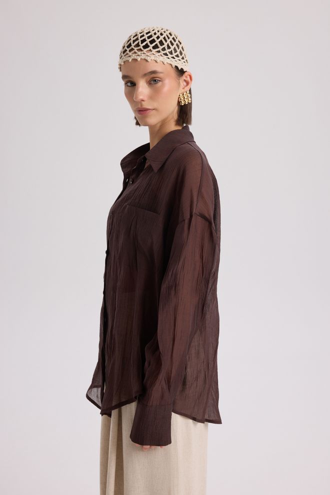 Mai Collection Brown Oversized Fit Casual Shirt With Notched Neck Wholesale Clothing Spring
