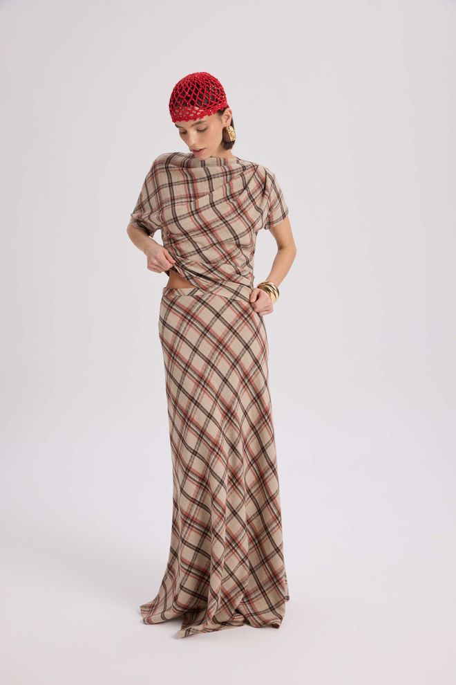 Mai Collection Beige Checkered Casual Elegant Set Wholesale Clothing Casual