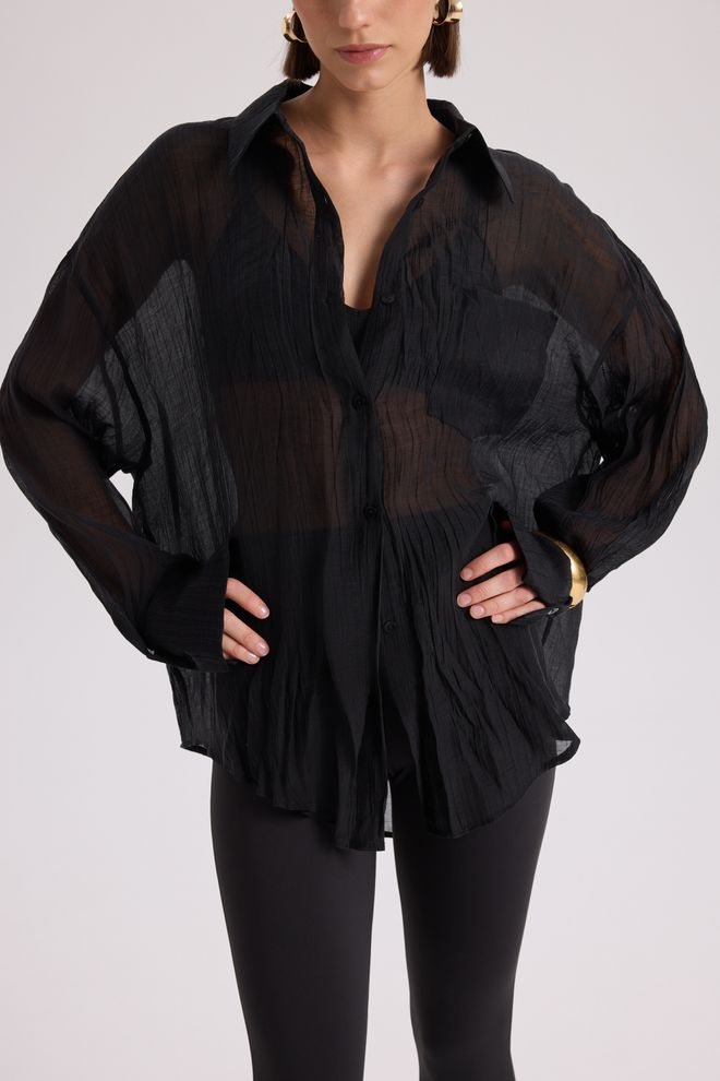 Mai Collection Black Elegant Oversized Shirt With Notched Neck Wholesale Clothing 1