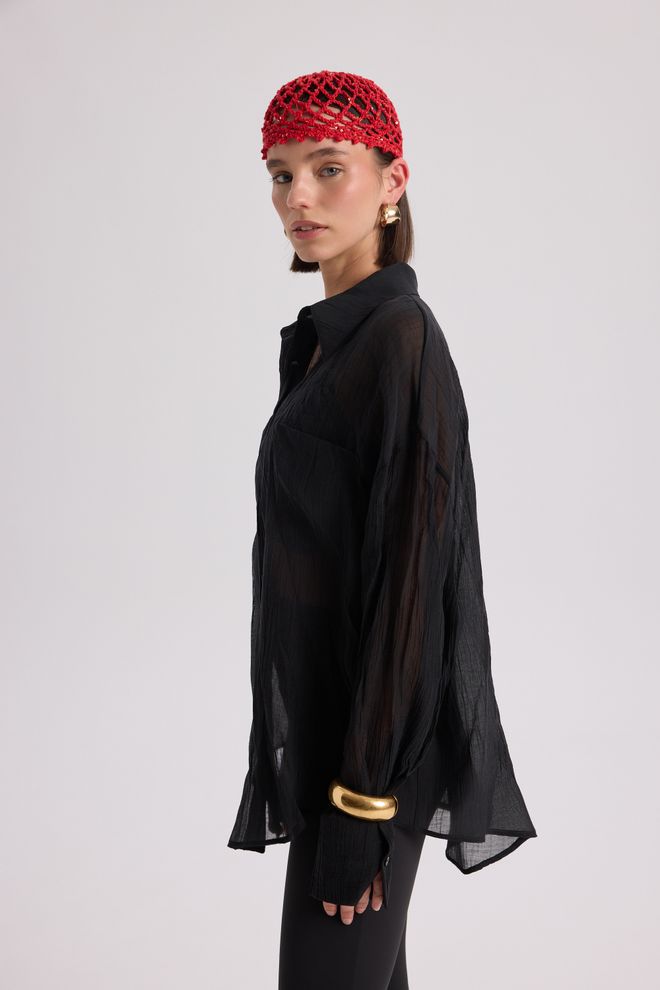 Mai Collection Black Elegant Oversized Shirt With Notched Neck Wholesale Clothing Work