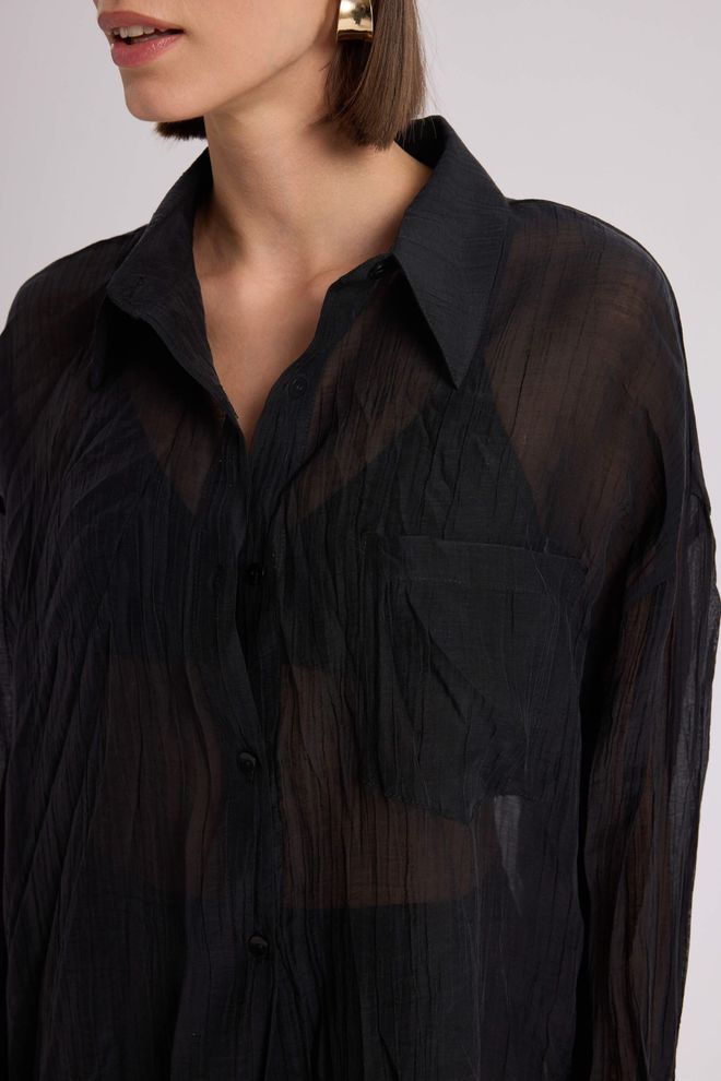 Mai Collection Black Elegant Oversized Shirt With Notched Neck Wholesale Clothing Cocktail