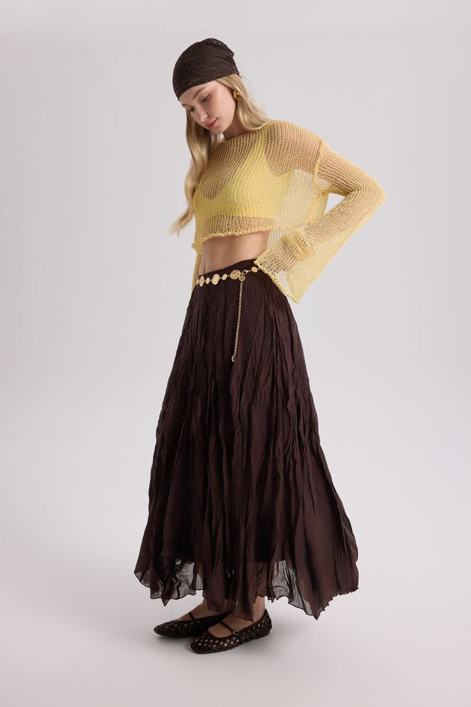 Mai Collection Brown Boho Flared Maxi Skirt Mid Waist Pull On Wholesale Clothing Casual