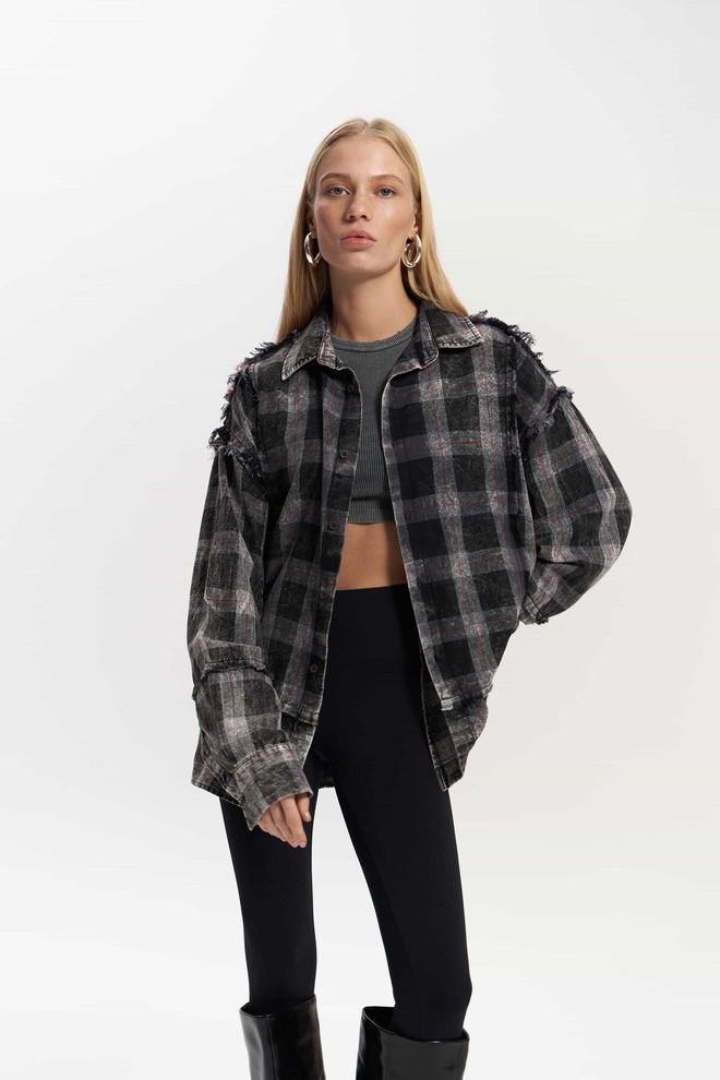 Mai Collection Camicia Casual Oversize Nera A Quadri Abbigliamento all'ingrosso Casuale