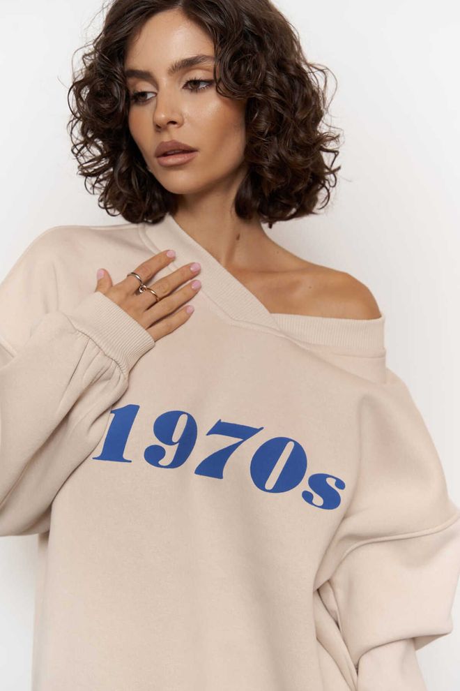 Mai Collection Pulover Bež Retro Ležerno Oversized V izrez Oblačila na debelo Ležerno