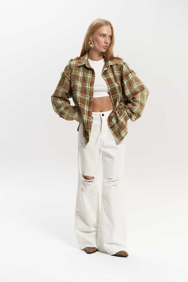 Mai Collection Camicia Casual Marrone A Quadri Oversize Abbigliamento all'ingrosso Casuale