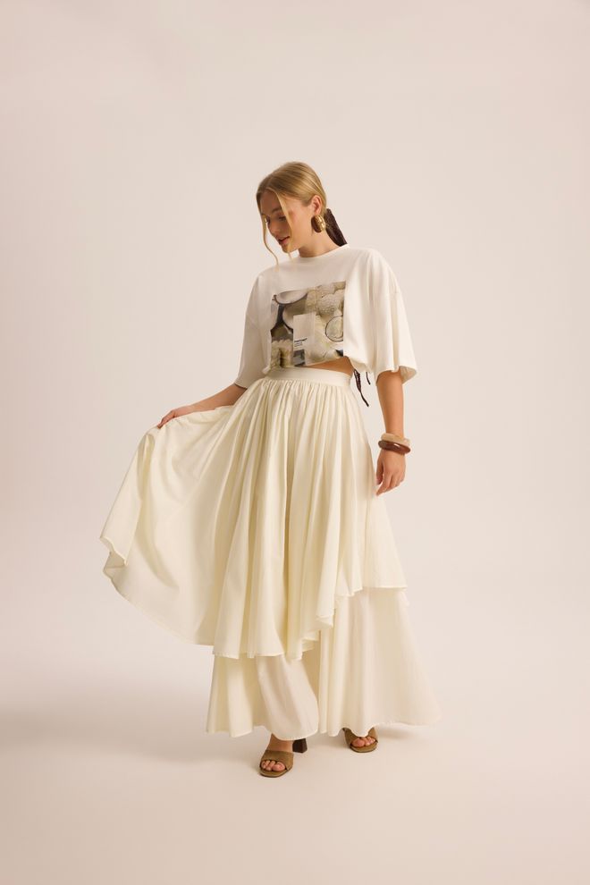 Mai Collection Witte Gelaagde Maxi rok Met Hoge Taille Groothandel Kleding Casual