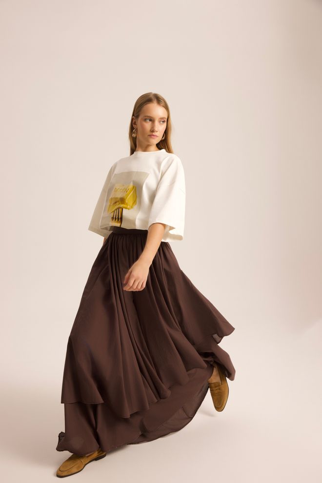 Mai Collection Bruine Gelaagde Maxi Rok Mid Waist Pull On Groothandel Kleding Casual