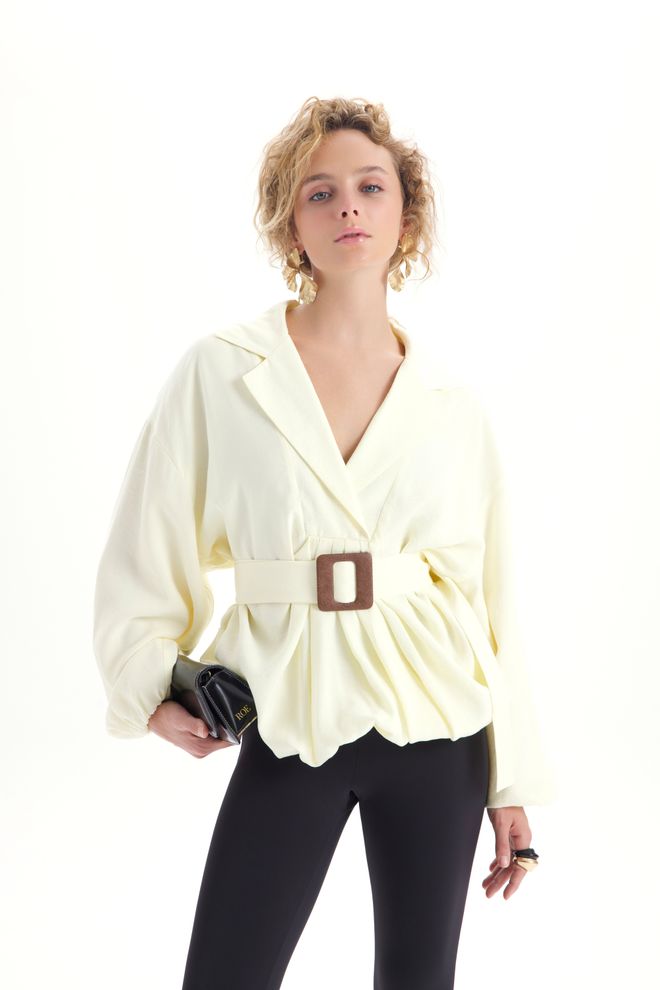 Mai Collection Elegant Beige Shirt With Notched Neck & Raglan Sleeves Wholesale Clothing 5