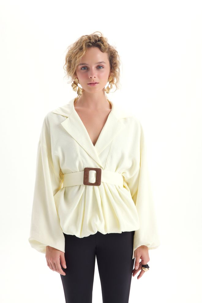 Mai Collection Elegant Beige Shirt With Notched Neck & Raglan Sleeves Wholesale Clothing 1