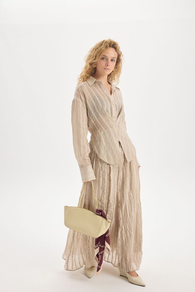 Mai Collection Бежова Раирана Клоширана Макси Пола Със Средновисока Талия Дрехи на едро Небрежен