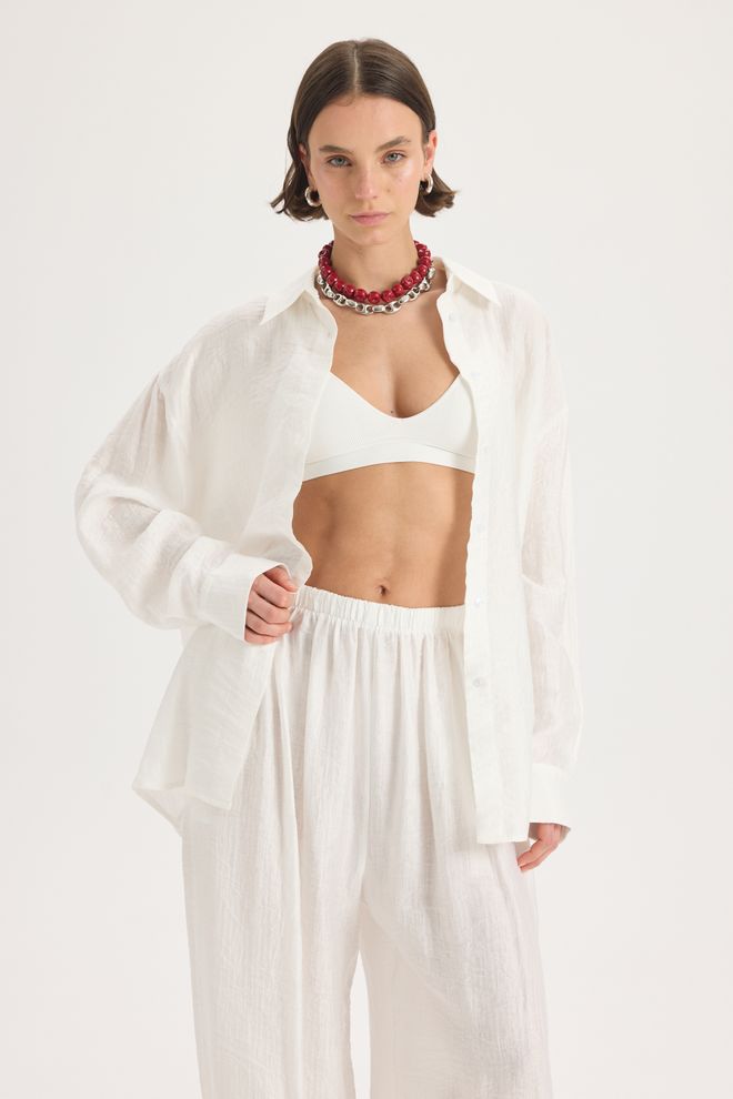 Mai Collection Biela Neformálna Oversized Košeľa S Vrúbkovaným Golierom Veľkoobchod s oblečením Neformálny