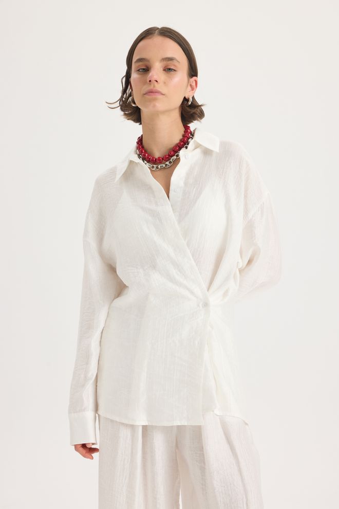 Mai Collection Biela Neformálna Oversized Košeľa S Vrúbkovaným Golierom Veľkoobchod s oblečením Leto