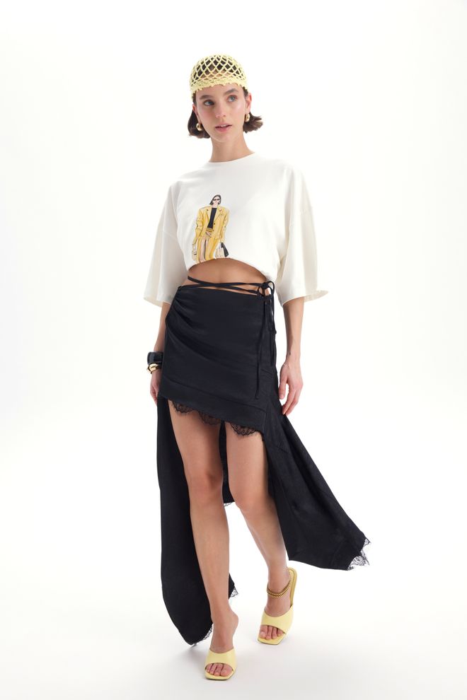 Mai Collection Black Asymmetrical Mini Skirt With Tie Closure Wholesale Clothing Spring