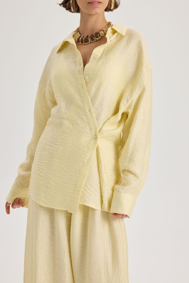 Mai Collection Żółta Koszula Oversize Z Karbowanym Dekoltem Hurtowa sprzedaż odzieży Casual