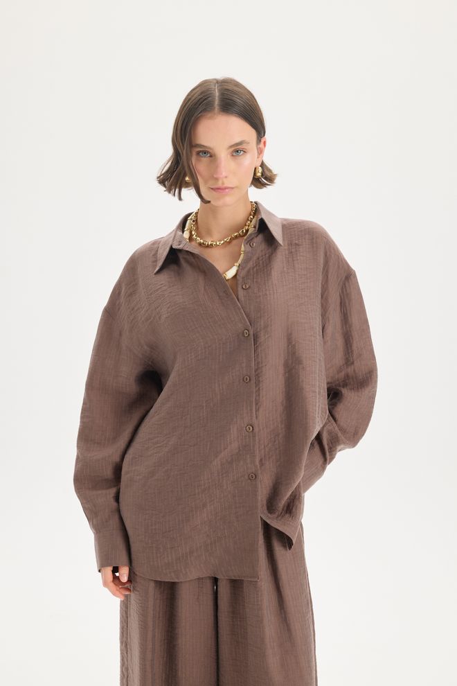 Mai Collection Brown Oversized Polo Neck Shirt Wholesale Clothing Lounge