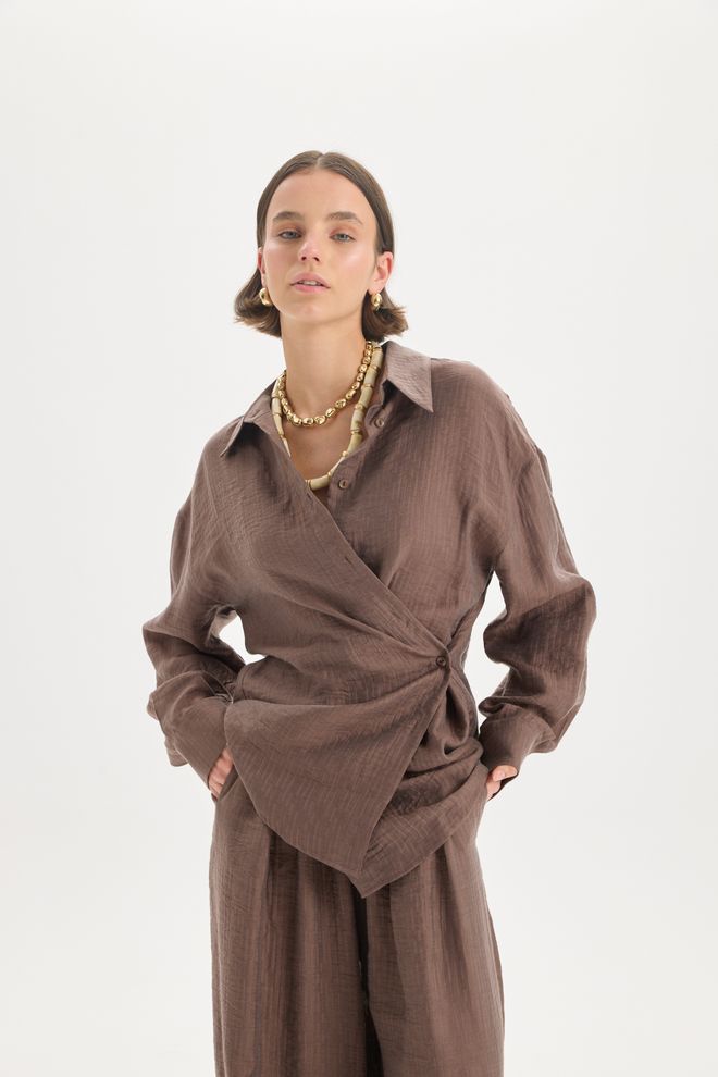 Mai Collection Brązowa Koszula Oversize Z Kołnierzem Polo Hurtowa sprzedaż odzieży Casual