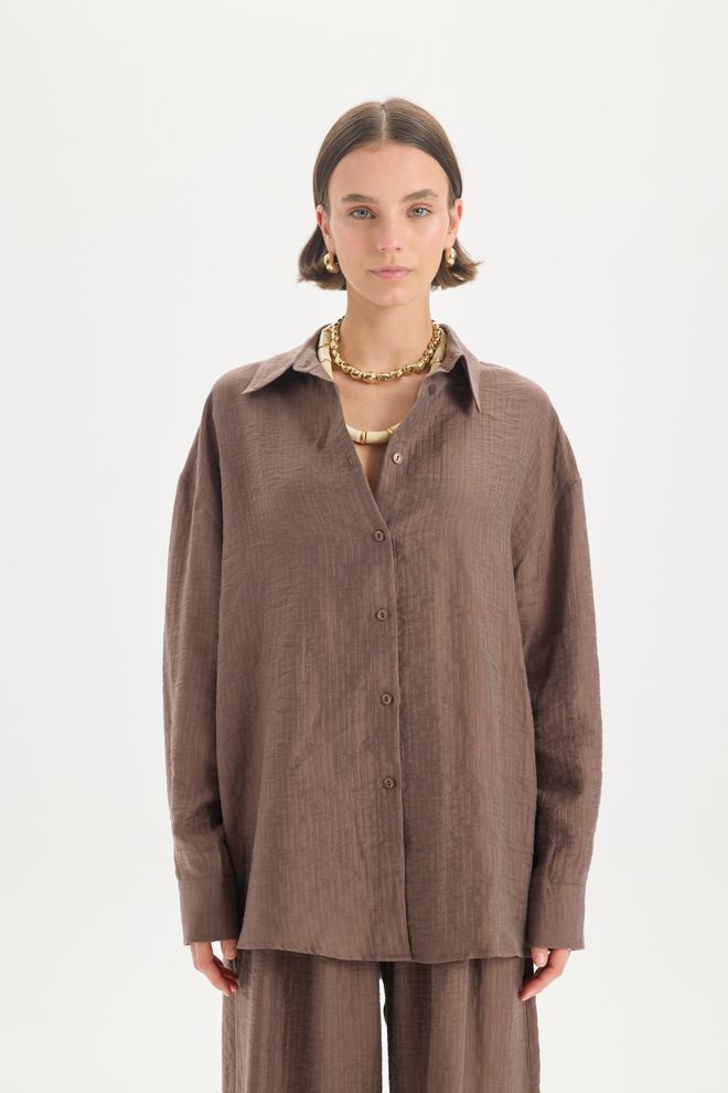 Mai Collection Brown Oversized Polo Neck Shirt Wholesale Clothing 5