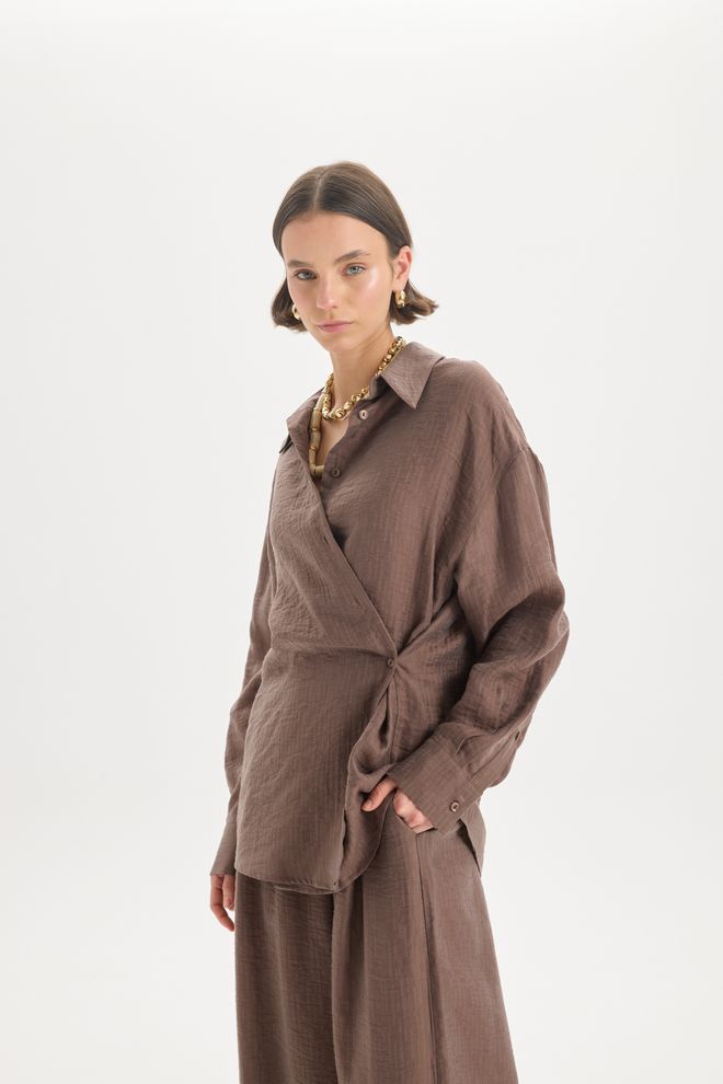 Mai Collection Brown Oversized Polo Neck Shirt Wholesale Clothing Vintage