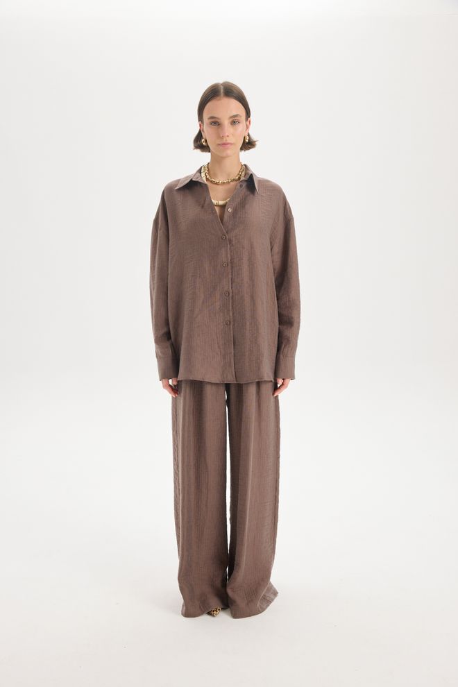 Mai Collection Brown Oversized Polo Neck Shirt Wholesale Clothing Work