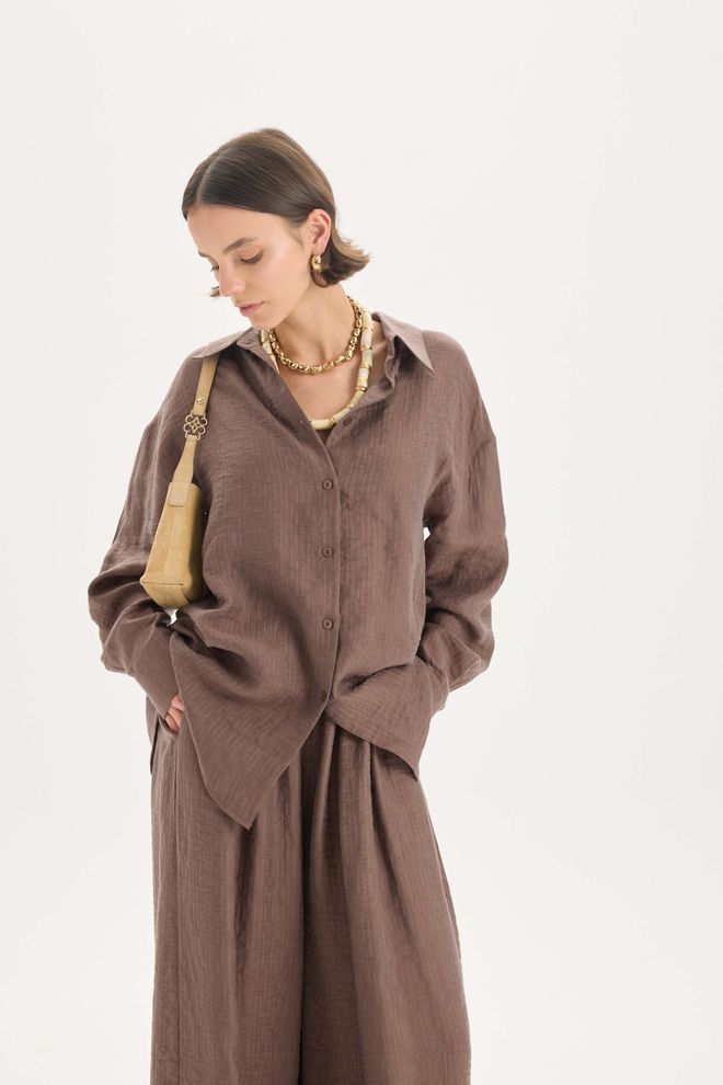 Mai Collection Brown Palazzo Pants High Waist Wide Leg Pull On Wholesale Clothing 5