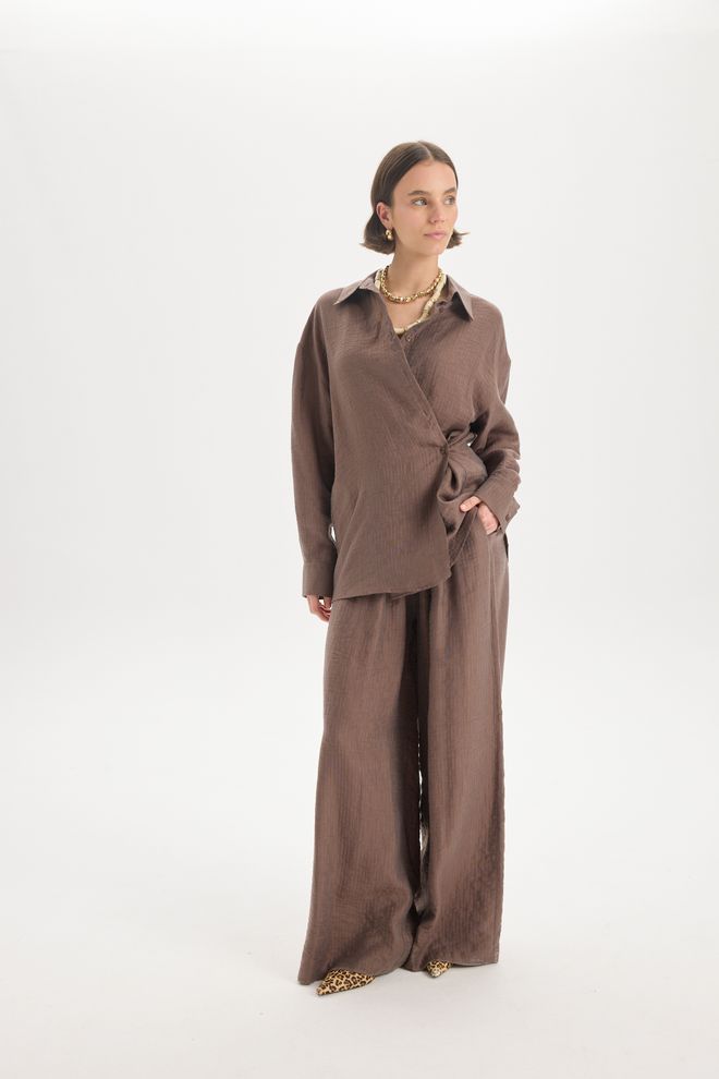 Mai Collection Brown Palazzo Pants High Waist Wide Leg Pull On Wholesale Clothing Lounge