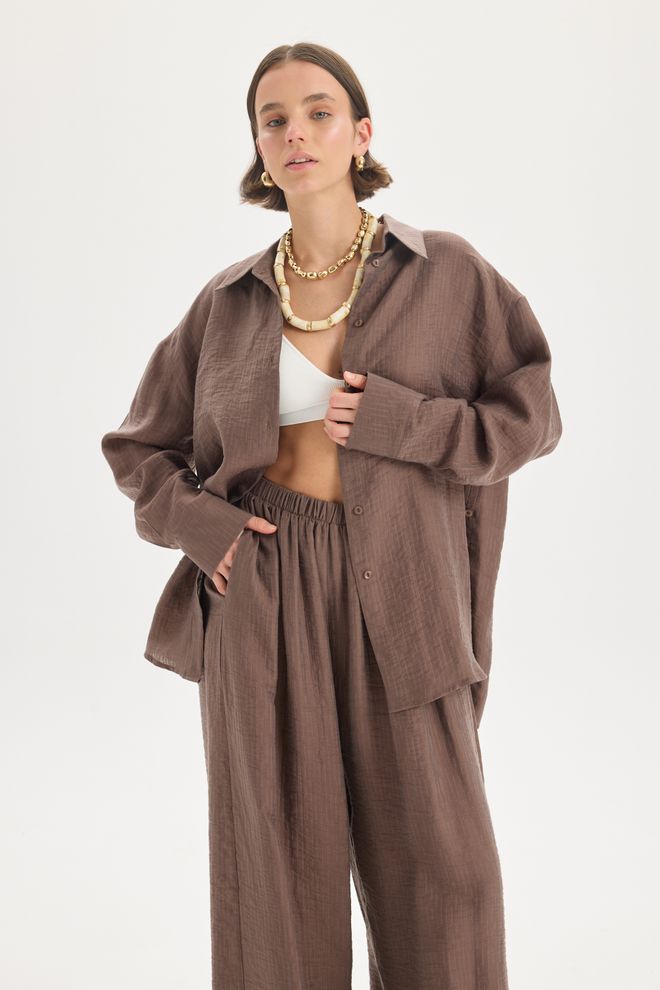 Mai Collection Brown Palazzo Pants High Waist Wide Leg Pull On Wholesale Clothing Casual