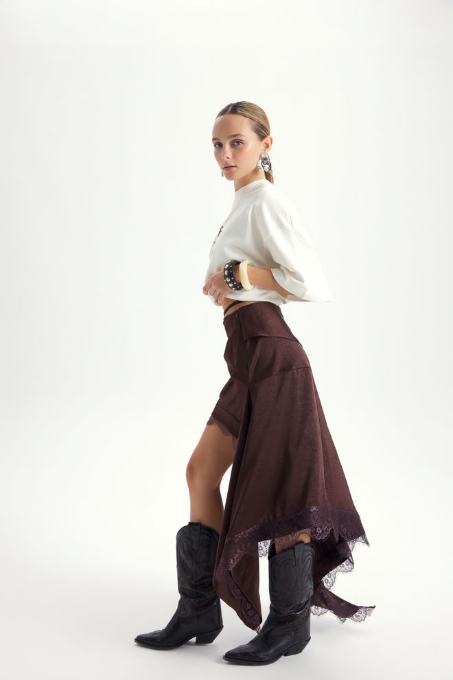 Mai Collection Brown Asymmetrical Midi Skirt With Tie Closure Wholesale Clothing Spring